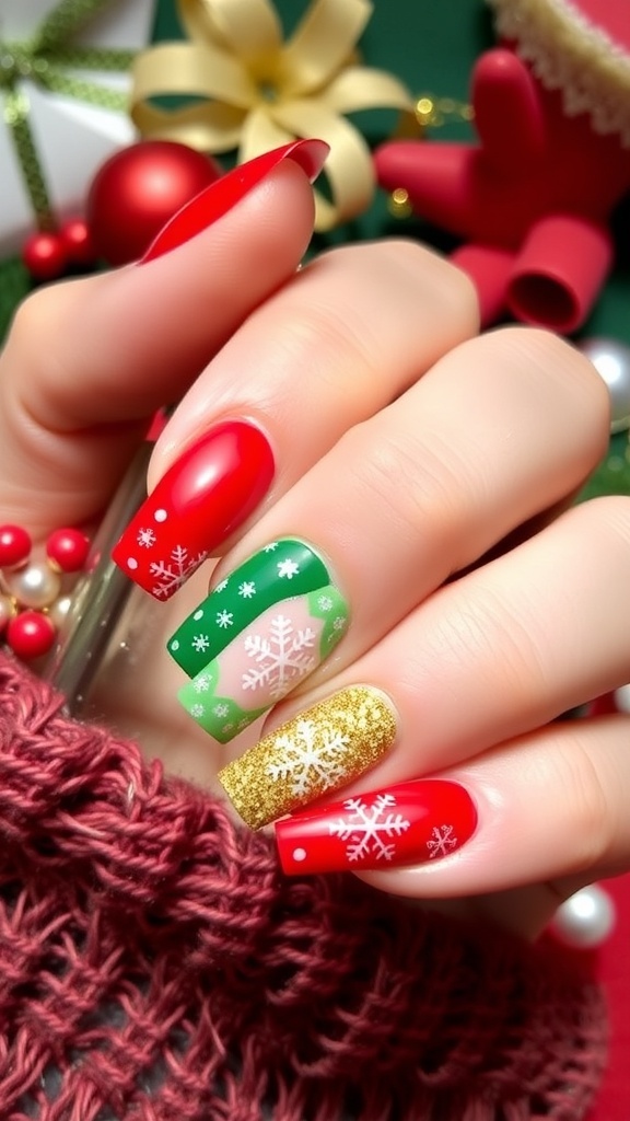Festive Christmas Nail Art Ideas Christmas-themed nail art with red and green polish, snowflakes, and glitter.